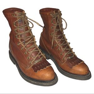 VINTAGE DOUBLE H BROWN LEATHER LACEUP ANKLE BOOTS